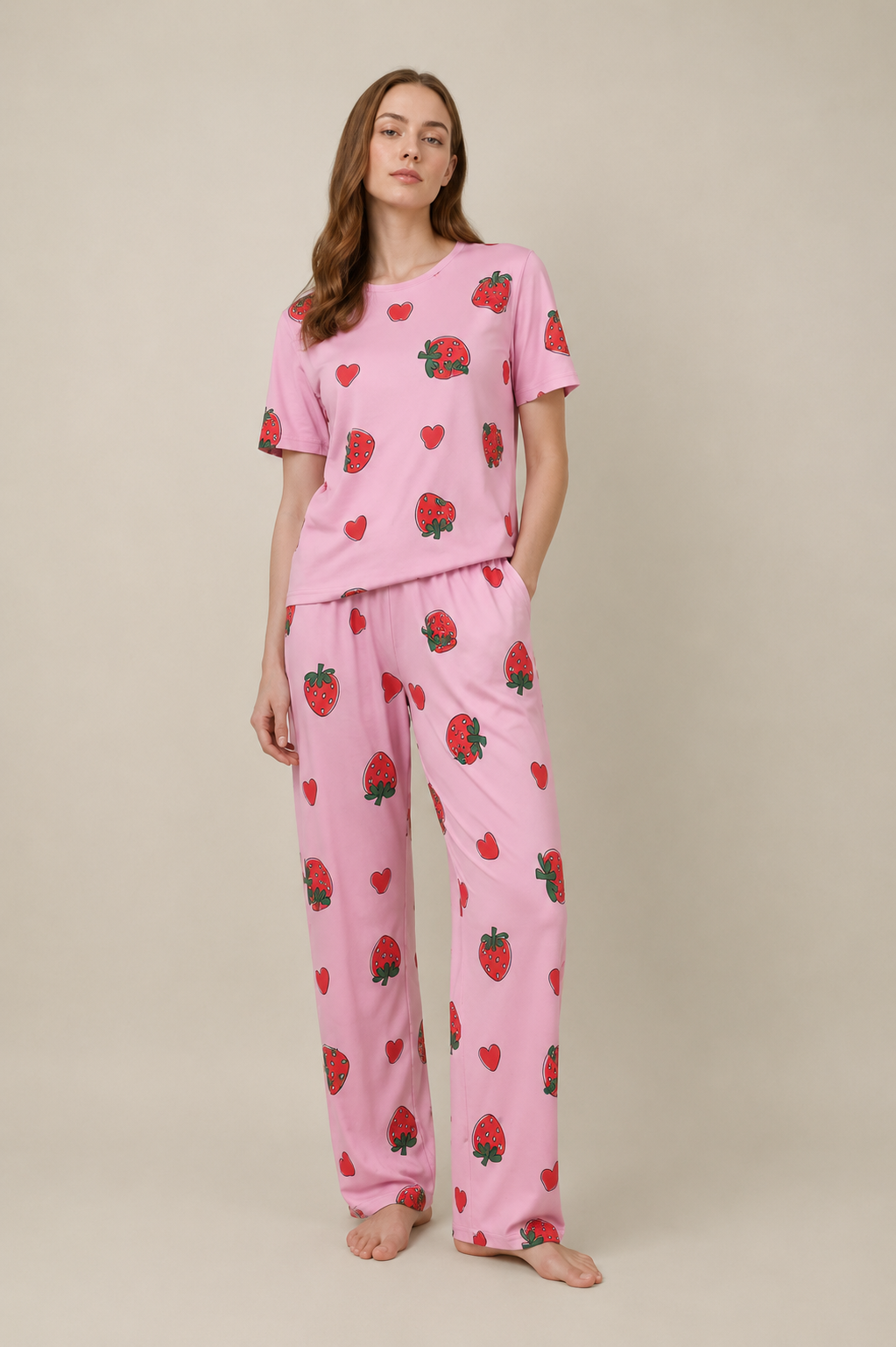 Women's Strawberry Print Pink Night Suit – Soft T-Shirt & Pajama Set